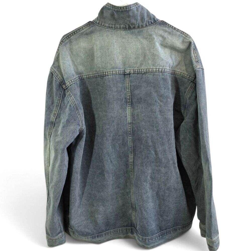 Asymmetric Button Front Denim Jacket Blue Distressed Moto Trucker Coat XL